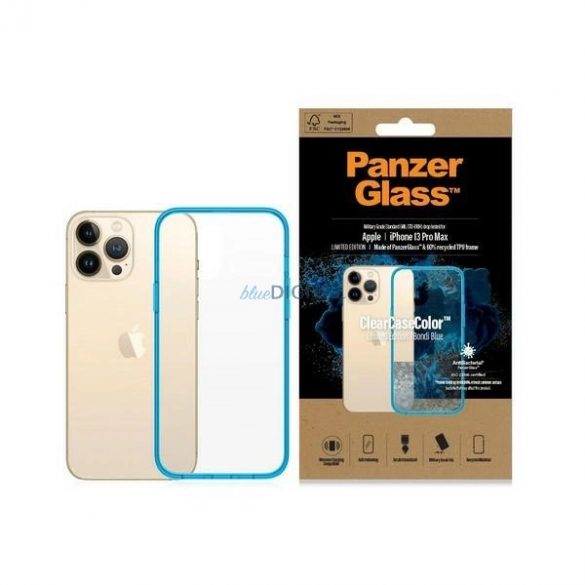 Husă PanzerGlass ClearCase antibacteriană certificată militară pentru iPhone 13 Pro Max - albastru transparent