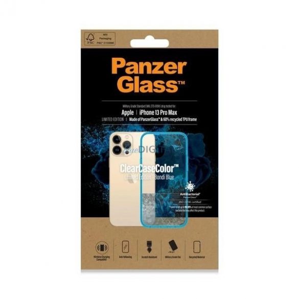 Husă PanzerGlass ClearCase antibacteriană certificată militară pentru iPhone 13 Pro Max - albastru transparent