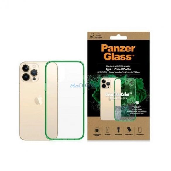 Husă PanzerGlass ClearCase antibacteriană certificată militară pentru iPhone 13 Pro Max - verde transparent