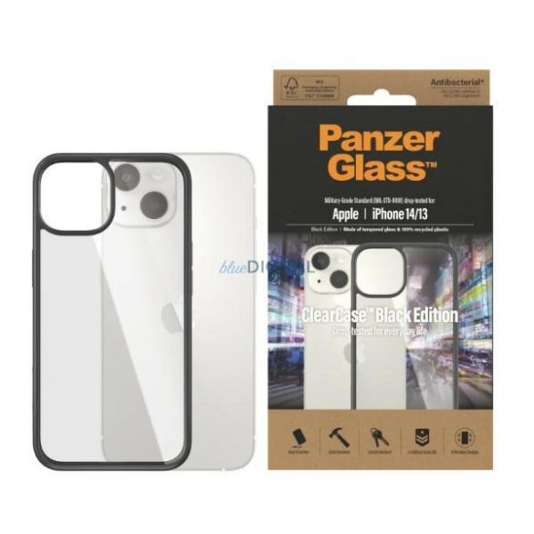 Husă antibacteriană PanzerGlass ClearCase pentru iPhone 14 / 15 / 13 - transparentă și neagră