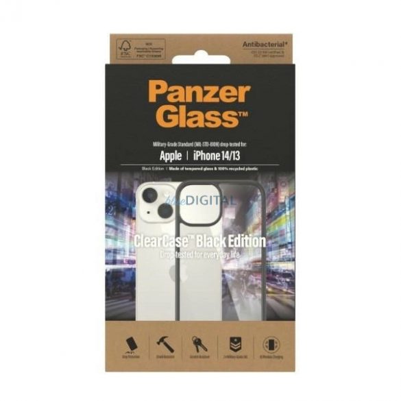 Husă antibacteriană PanzerGlass ClearCase pentru iPhone 14 / 15 / 13 - transparentă și neagră