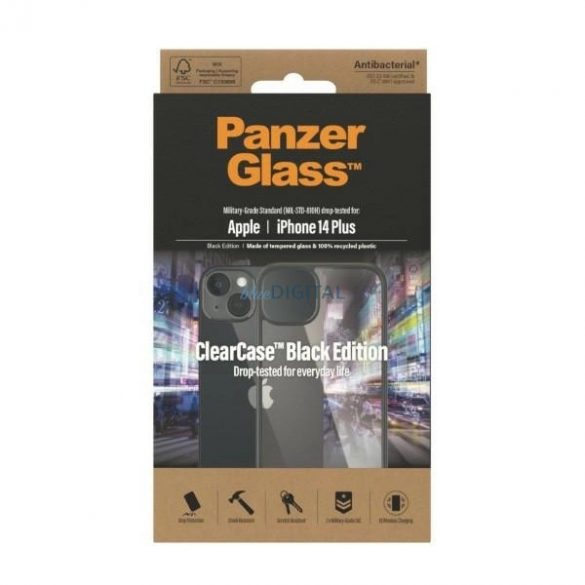 Husă antibacteriană PanzerGlass ClearCase pentru iPhone 14 Plus / 15 Plus - transparentă și neagră