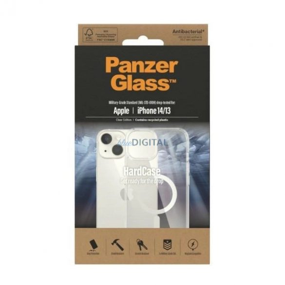 PanzerGlass HardCase cu husă MagSafe antibacteriană certificată militară pentru iPhone 14/15/13 - transparentă