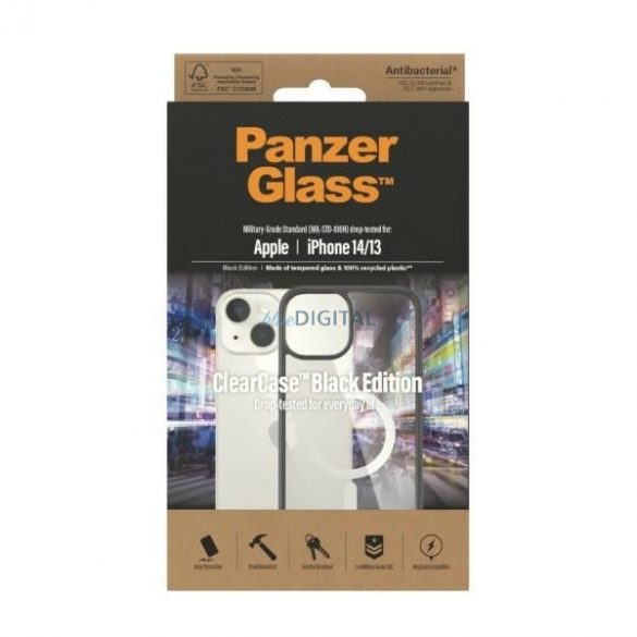 Husa PanzerGlass ClearCase cu MagSafe antibacterian pentru iPhone 14 / 15 / 13 - transparenta si neagra