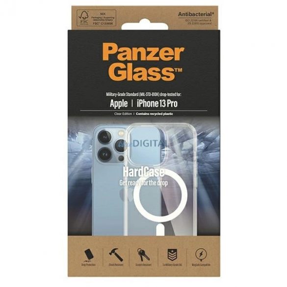 PanzerGlass HardCase cu husă certificată MagSafe antibacteriană de calitate militară pentru iPhone 13 Pro - transparentă