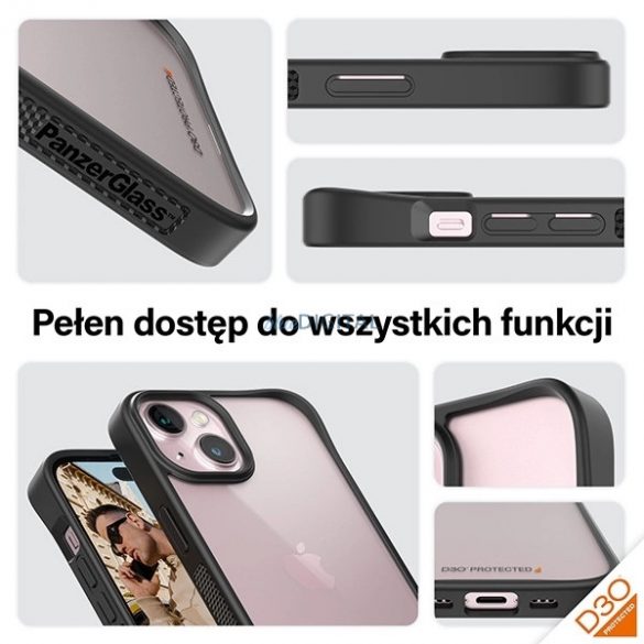 Husă PanzerGlass ClearCase pentru iPhone 15 cu certificare militară - transparentă și neagră