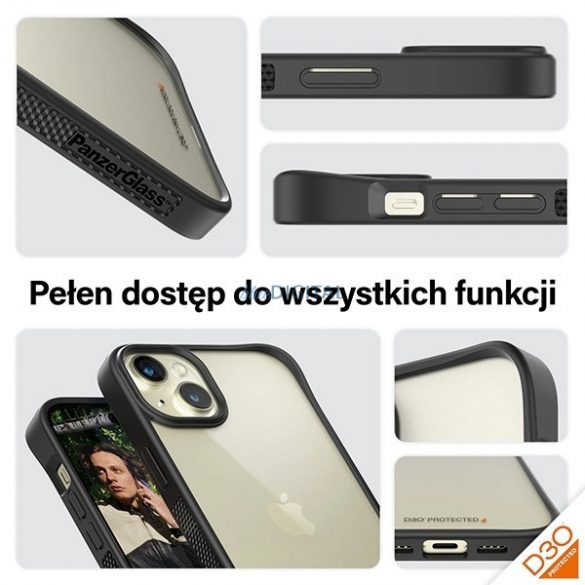 Husă PanzerGlass ClearCase pentru iPhone 15 Plus / 14 Plus cu certificare de calitate militară - transparentă și neagră