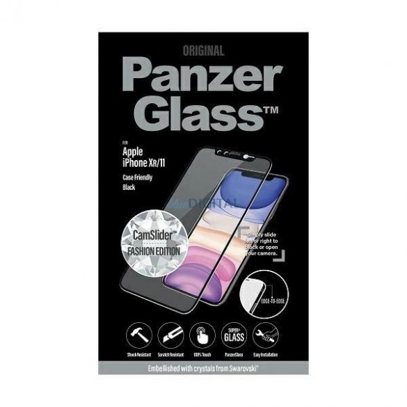 Sticlă călită PanzerGlass E2E Super+ cu capac pentru cameră cu cristal Swarovsky pentru iPhone XR / 11 - cu cadru negru