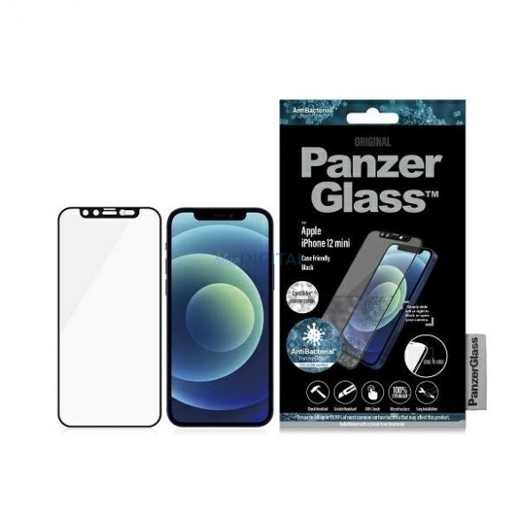 Sticlă antibacteriană PanzerGlass E2E cu microfractură cu capac pentru cameră cu cristal Swarovsky pentru iPhone 12 mini - cu cadru negru