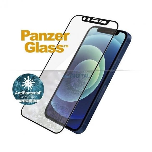 Sticlă antibacteriană PanzerGlass E2E cu microfractură cu capac pentru cameră cu cristal Swarovsky pentru iPhone 12 mini - cu cadru negru