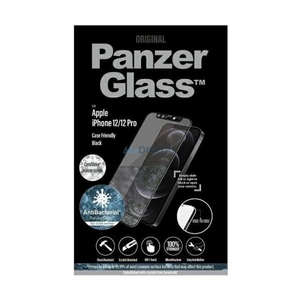 Sticlă antibacteriană PanzerGlass E2E cu microfractură cu capac pentru cameră cu cristal Swarovsky pentru iPhone 12/12 Pro - Cu cadru negru