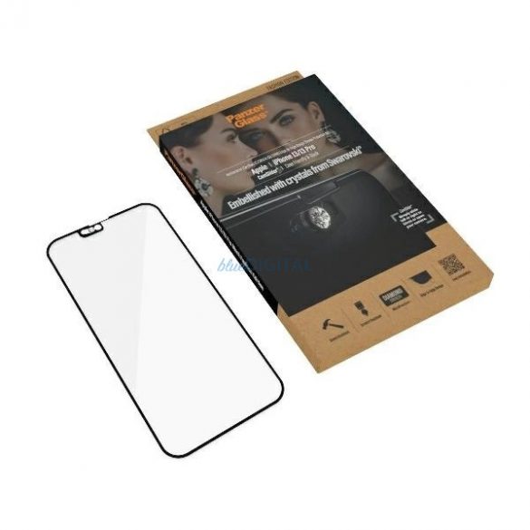 Sticlă antibacteriană PanzerGlass E2E cu microfractură cu capac pentru cameră cu cristal Swarovsky pentru iPhone 13/13 Pro - Cu cadru negru