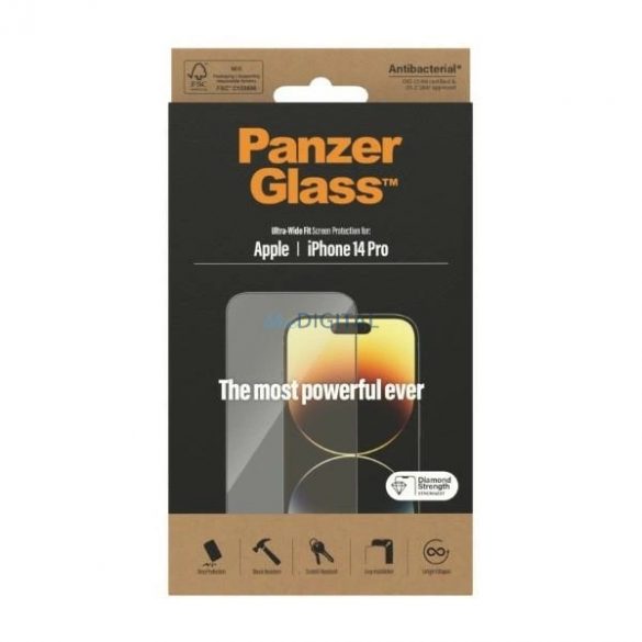 Sticlă călită antibacteriană PanzerGlass Ultra-Wide Fit pentru iPhone 14 Pro