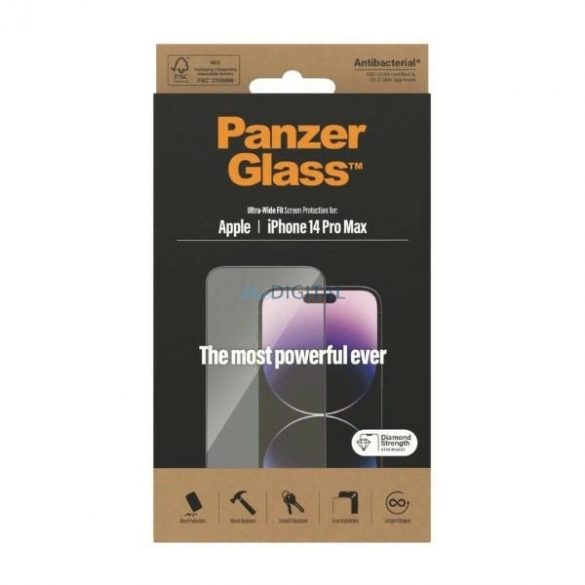 Sticlă călită antibacteriană PanzerGlass Ultra-Wide Fit pentru iPhone 14 Pro Max