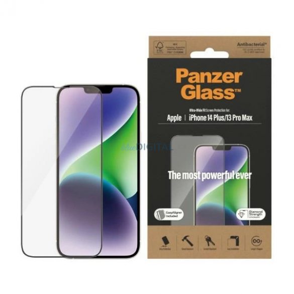 Sticlă securizată antibacteriană PanzerGlass cu poziție ultra-largă cu poziționare pentru iPhone 14 Plus / 13 Pro Max