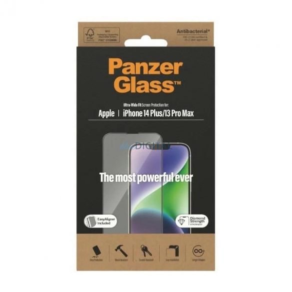 Sticlă securizată antibacteriană PanzerGlass cu poziție ultra-largă cu poziționare pentru iPhone 14 Plus / 13 Pro Max