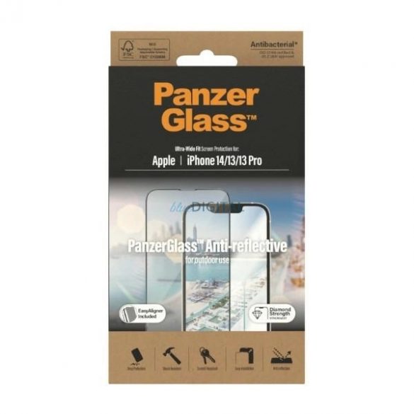 Sticlă securizată antibacteriană PanzerGlass cu potrivire ultralargă cu filtru anti-orbire și poziționator pentru iPhone 14/13 Pro/13