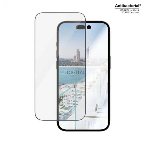 Sticlă călită antibacteriană PanzerGlass Ultra-Wide Fit cu filtru anti-orbire și poziționator pentru iPhone 14 Pro