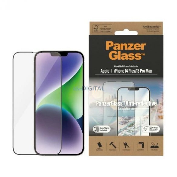 Sticlă securizată antibacteriană PanzerGlass cu potrivire ultra-largă cu filtru anti-orbire și poziționator pentru iPhone 14 Plus / 13 Pro Max