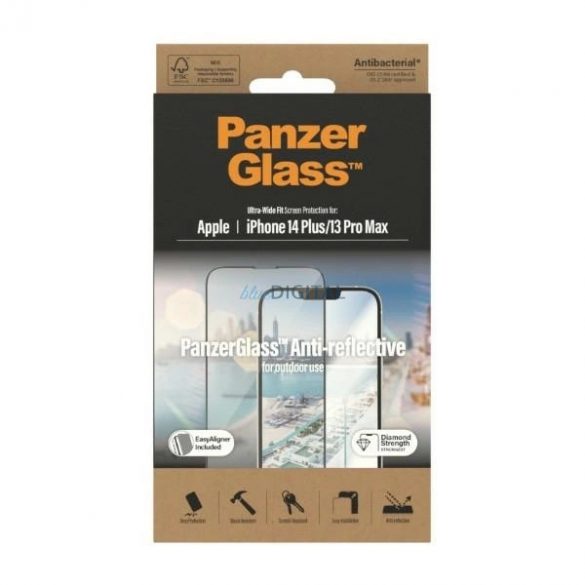 Sticlă securizată antibacteriană PanzerGlass cu potrivire ultra-largă cu filtru anti-orbire și poziționator pentru iPhone 14 Plus / 13 Pro Max