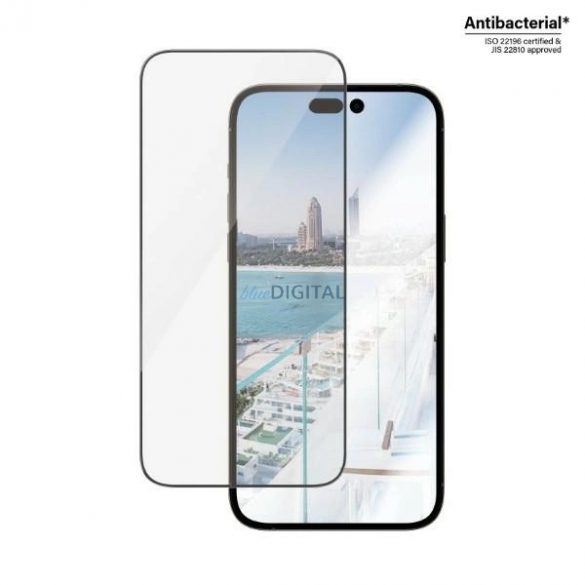 Sticlă călită antibacteriană PanzerGlass Ultra-Wide Fit cu filtru de strălucire și poziționator pentru iPhone 14 Pro Max