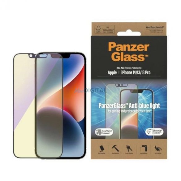 Sticlă securizată antibacteriană PanzerGlass Ultra-Wide Fit cu filtru de lumină albastră și poziționator pentru iPhone 14/13 Pro/13