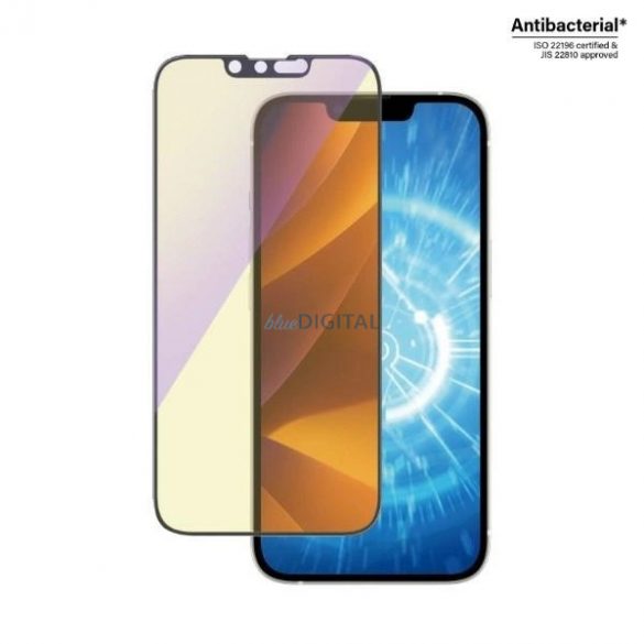 Sticlă securizată antibacteriană PanzerGlass Ultra-Wide Fit cu filtru de lumină albastră și poziționator pentru iPhone 14/13 Pro/13