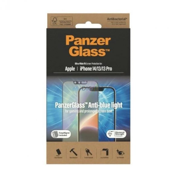 Sticlă securizată antibacteriană PanzerGlass Ultra-Wide Fit cu filtru de lumină albastră și poziționator pentru iPhone 14/13 Pro/13