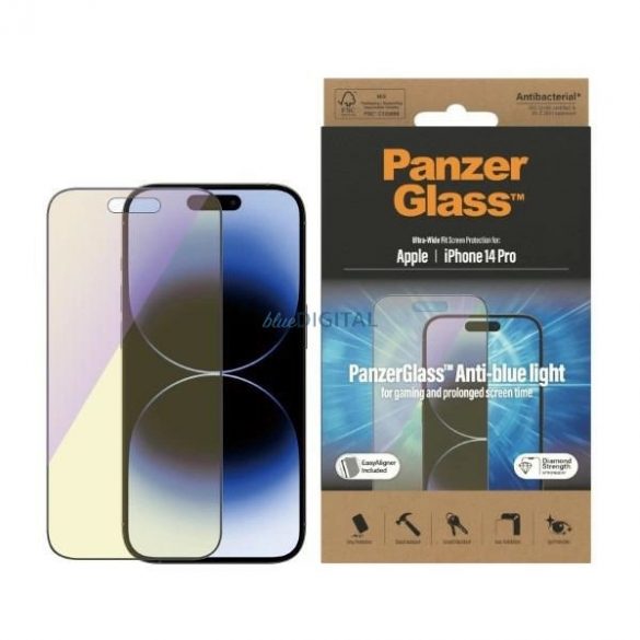 Sticlă securizată antibacteriană PanzerGlass cu potrivire ultralargă cu filtru de lumină albastră și poziționator pentru iPhone 14 Pro