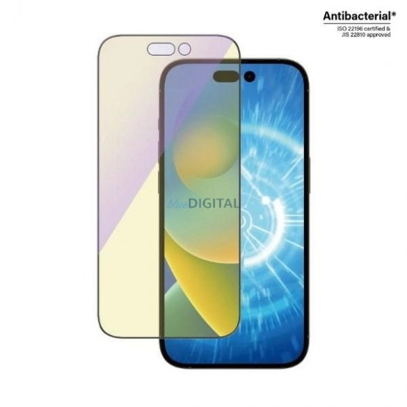 Sticlă securizată antibacteriană PanzerGlass cu potrivire ultralargă cu filtru de lumină albastră și poziționator pentru iPhone 14 Pro