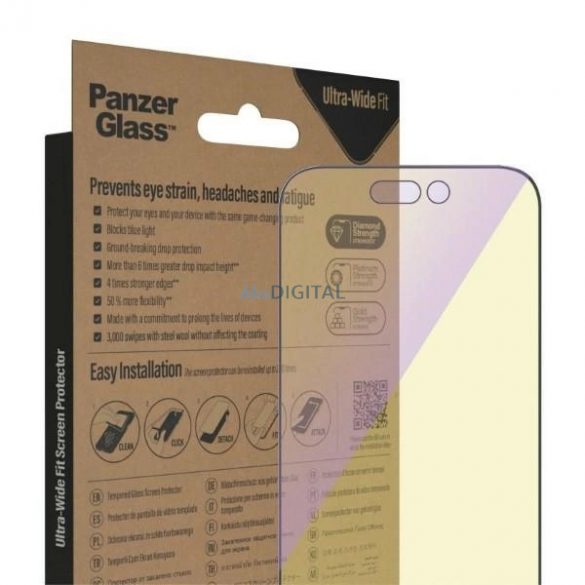 Sticlă securizată antibacteriană PanzerGlass cu potrivire ultralargă cu filtru de lumină albastră și poziționator pentru iPhone 14 Pro