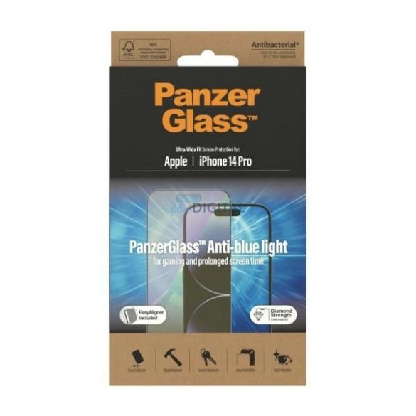 Sticlă securizată antibacteriană PanzerGlass cu potrivire ultralargă cu filtru de lumină albastră și poziționator pentru iPhone 14 Pro