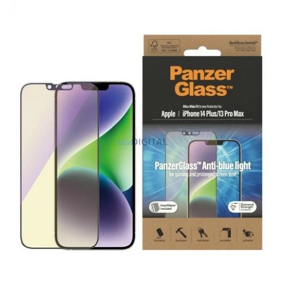 Sticlă securizată antibacteriană PanzerGlass cu potrivire ultra-largă cu filtru de lumină albastră și poziționator pentru iPhone 14 Plus / 13 Pro Max