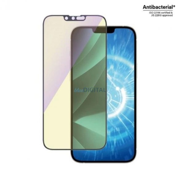 Sticlă securizată antibacteriană PanzerGlass cu potrivire ultra-largă cu filtru de lumină albastră și poziționator pentru iPhone 14 Plus / 13 Pro Max