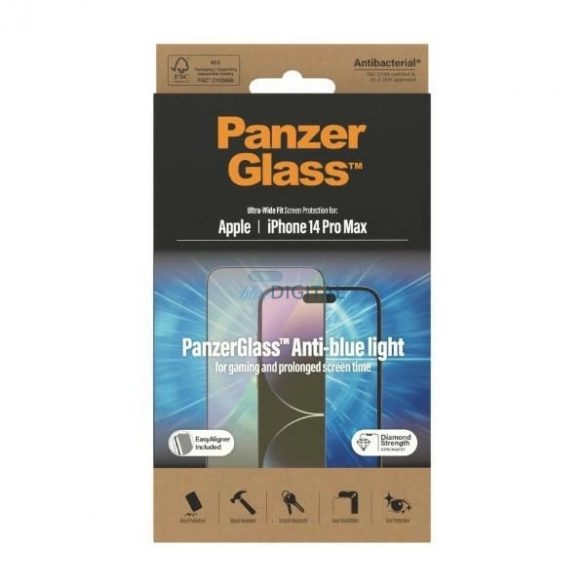 Sticlă securizată antibacteriană PanzerGlass cu adaptare ultra-largă cu filtru de lumină albastră și poziționator pentru iPhone 14 Pro Max