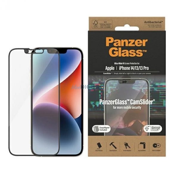 Sticlă securizată antibacteriană PanzerGlass cu potrivire ultralargă cu capac și poziționare pentru cameră pentru iPhone 14/13/13 Pro