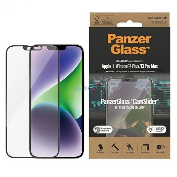 Sticlă călită antibacteriană PanzerGlass Ultra-Wide Fit cu capac pentru cameră și poziționator iPhone 14 Plus / 13 Pro Max