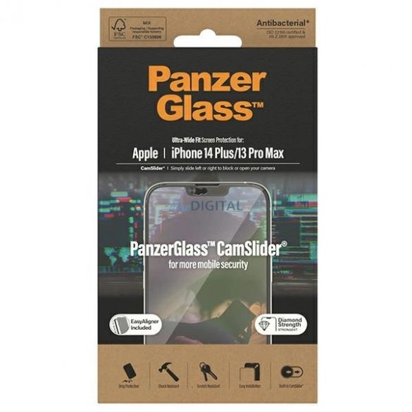 Sticlă călită antibacteriană PanzerGlass Ultra-Wide Fit cu capac pentru cameră și poziționator iPhone 14 Plus / 13 Pro Max