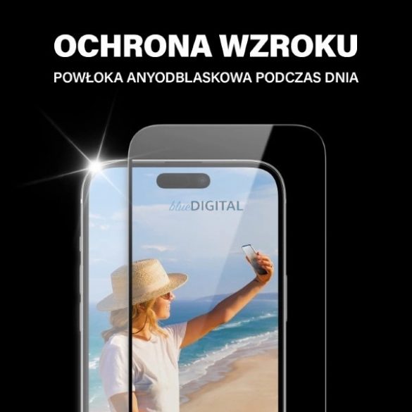 Sticlă securizată PanzerGlass Ultra-Wide Fit cu strălucire și filtru de lumină albastră cu poziționator pentru iPhone 15 Plus