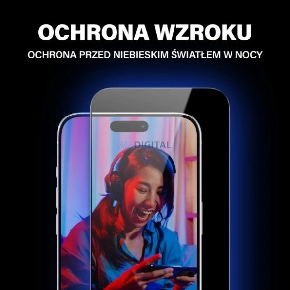 Sticlă securizată PanzerGlass Ultra-Wide Fit cu strălucire și filtru de lumină albastră cu poziționare pentru iPhone 15 Pro Max