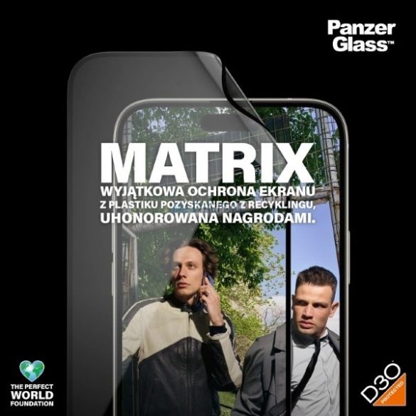 Sticlă hibridă PanzerGlass Matrix Ultra-Wide-Fit pentru iPhone 15 Plus cu poziționator