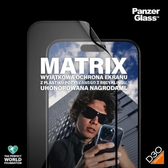 Sticlă hibridă PanzerGlass Matrix Ultra-Wide-Fit pentru iPhone 15 Pro Max cu poziționator