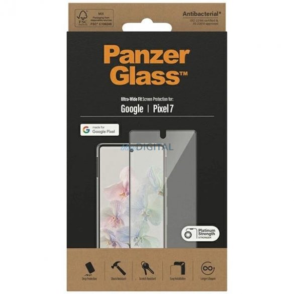 Sticlă securizată antibacteriană PanzerGlass Ultra-Wide Fit pentru Google Pixel 7 - cu cadru negru