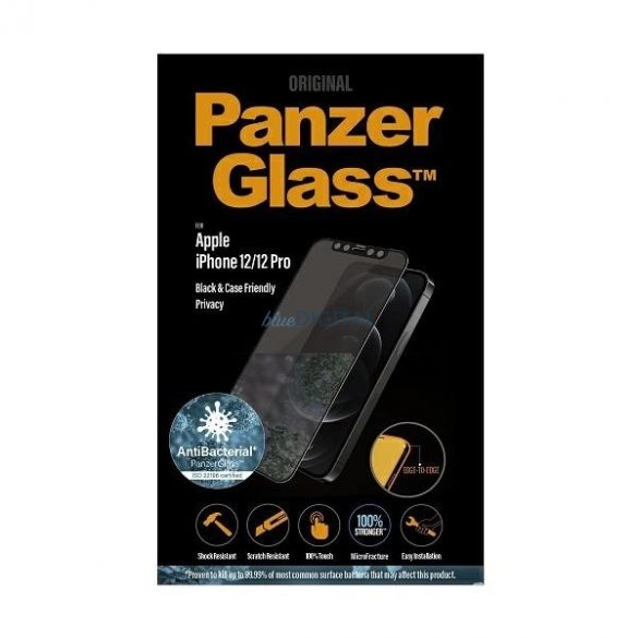 PanzerGlass E2E Super+ Sticlă securizată antibacteriană cu microfractură pentru intimitate pentru iPhone 12 / 12 Pro - cu cadru negru