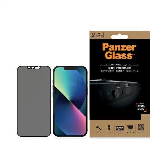 PanzerGlass E2E Sticlă de confidențialitate antibacteriană cu microfractură cu protecție pentru cameră pentru iPhone 13/13 Pro - Cu cadru negru