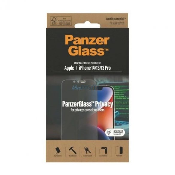 PanzerGlass Ultra-Wide Fit Sticlă securizată antibacteriană de confidențialitate pentru iPhone 14/13 Pro/13