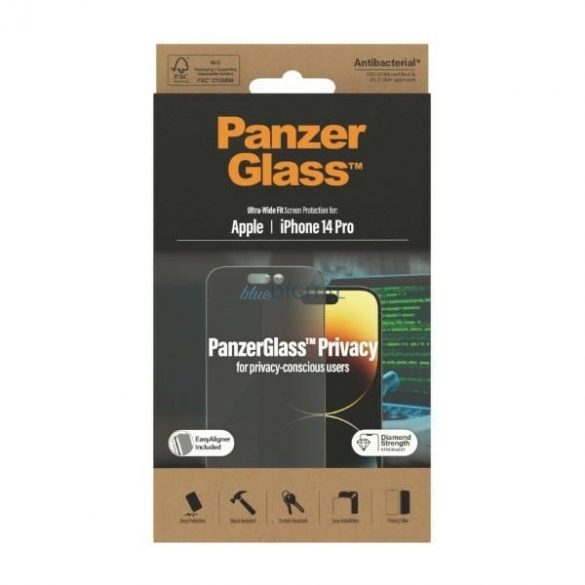 PanzerGlass Ultra-Wide Fit Sticlă securizată Antibacterian Privacy cu poziționator pentru iPhone 14 Pro