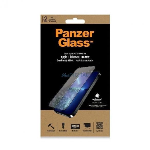 Sticla antibacteriana PanzerGlass E2E Microfractura pentru iPhone 13 Pro Max - cu rama neagra