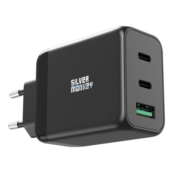 Încărcător de perete Silver Monkey GaN 65W 2x USB-C PD 1x USB-A QC 3.0 - negru