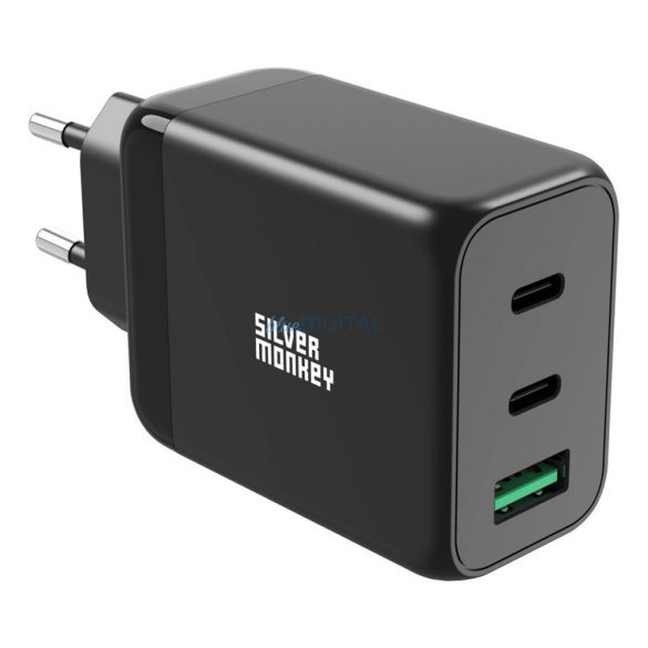 Încărcător de perete Silver Monkey GaN 65W 2x USB-C PD 1x USB-A QC 3.0 - negru